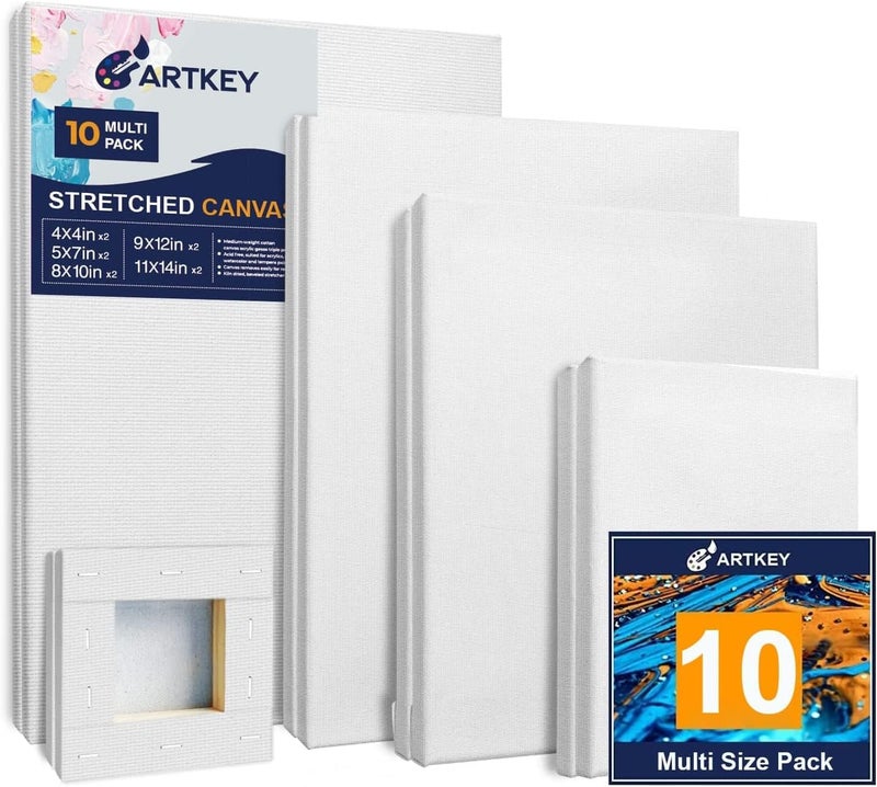 Artkey Stretched Canvases for Painting 4x4, 5x7, 8x10, 9x12, 11x14 Inch 10-Pack, 10 oz Triple Primed Acid-Free 100% Cotton Blank Art Canvas for Oil Paint Acrylics Pouring & Wet Art Media, Pour Painting - Image 1
